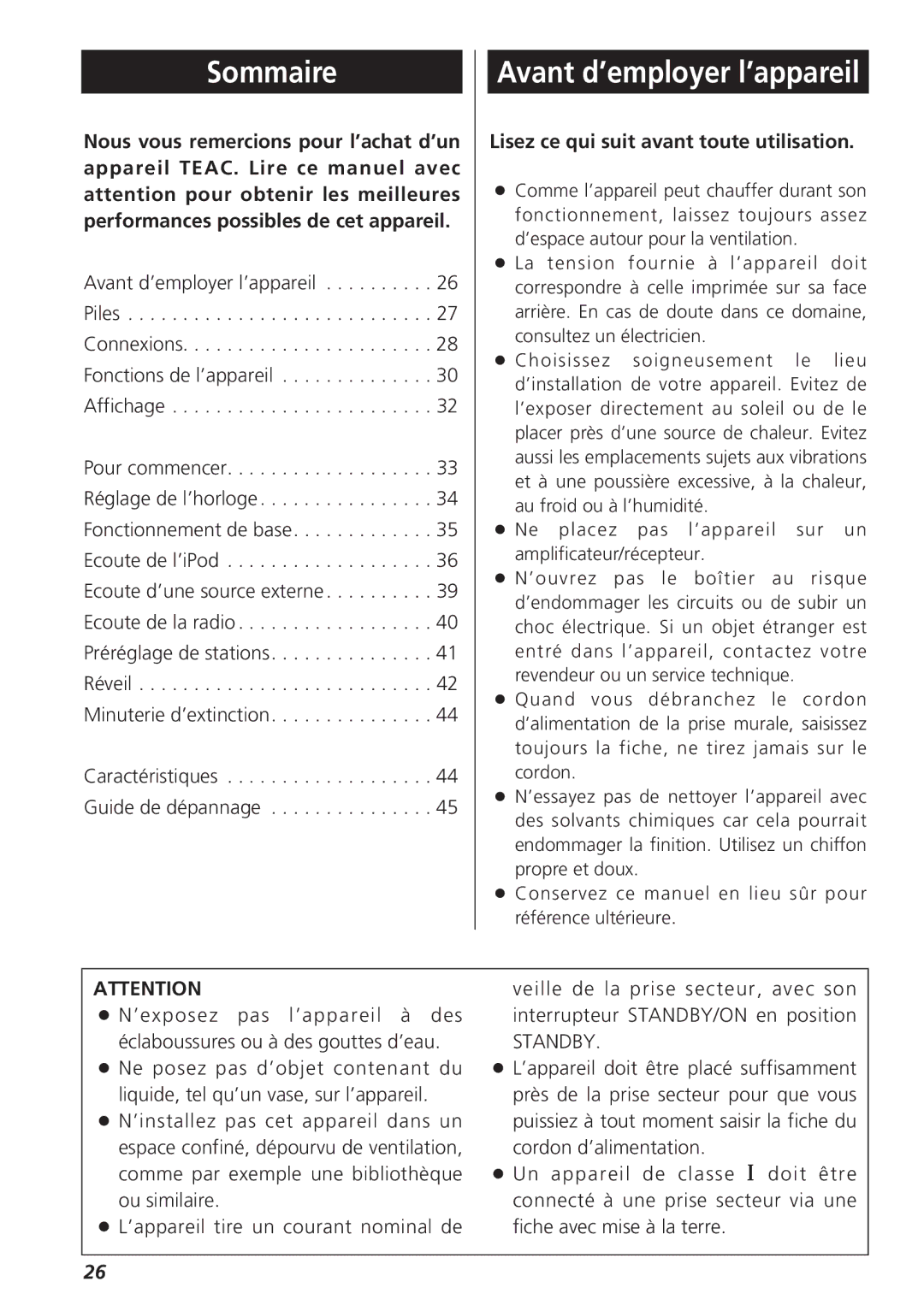 Teac GR-7i owner manual Sommaire, Avant d’employer l’appareil, Lisez ce qui suit avant toute utilisation 