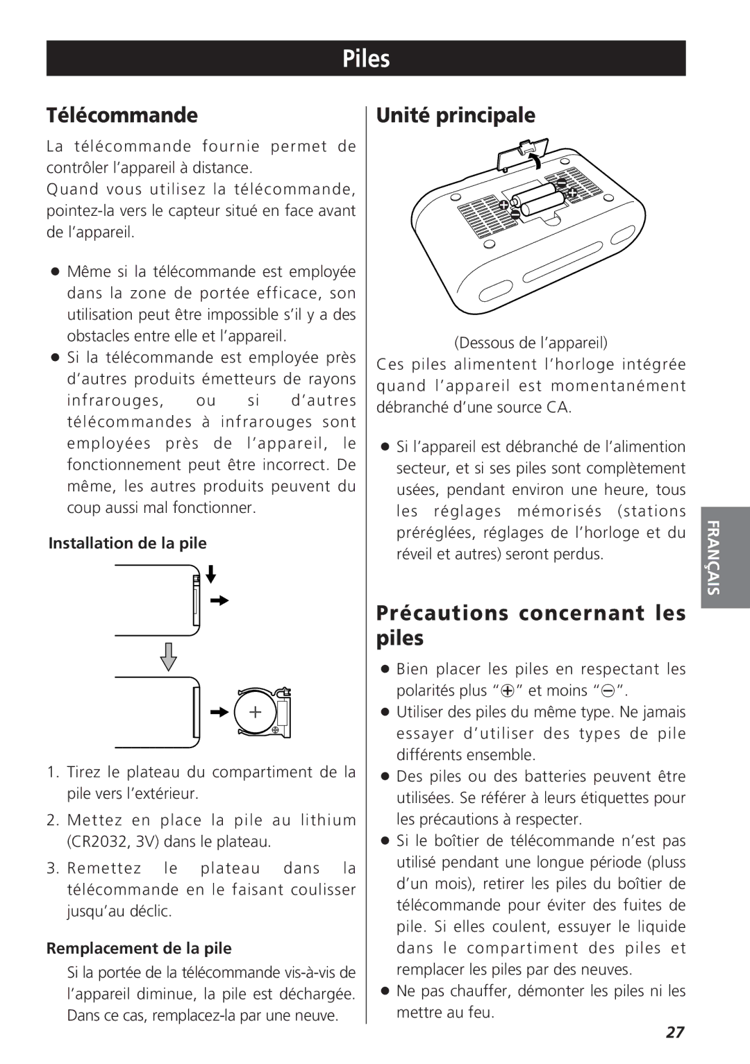 Teac GR-7i owner manual Piles, Télécommande, Unité principale, Précautions concernant les piles 