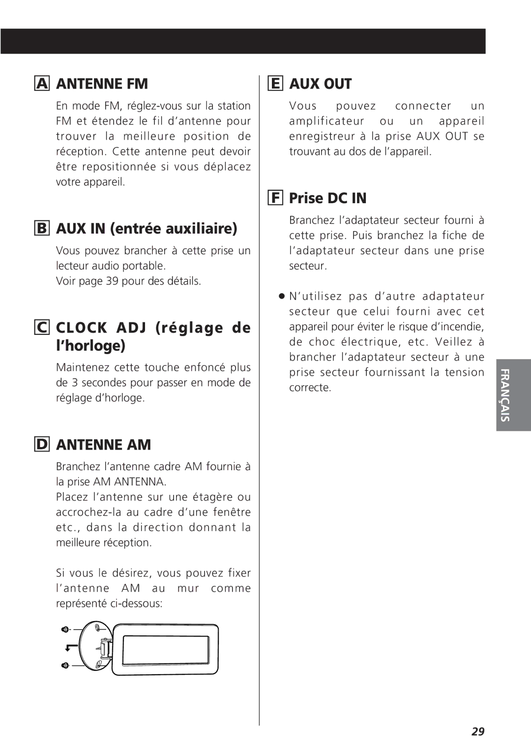 Teac GR-7i owner manual AUX in entrée auxiliaire, Clock ADJ réglage de l’horloge, Prise DC 