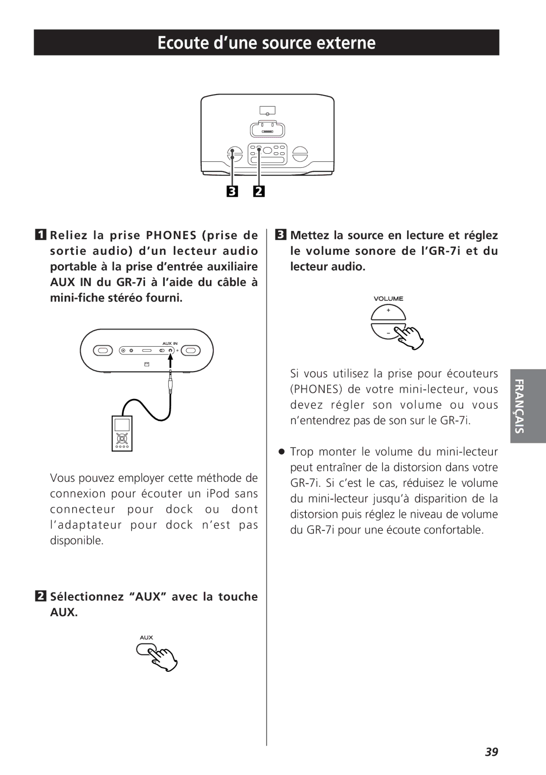 Teac GR-7i owner manual Ecoute d’une source externe 