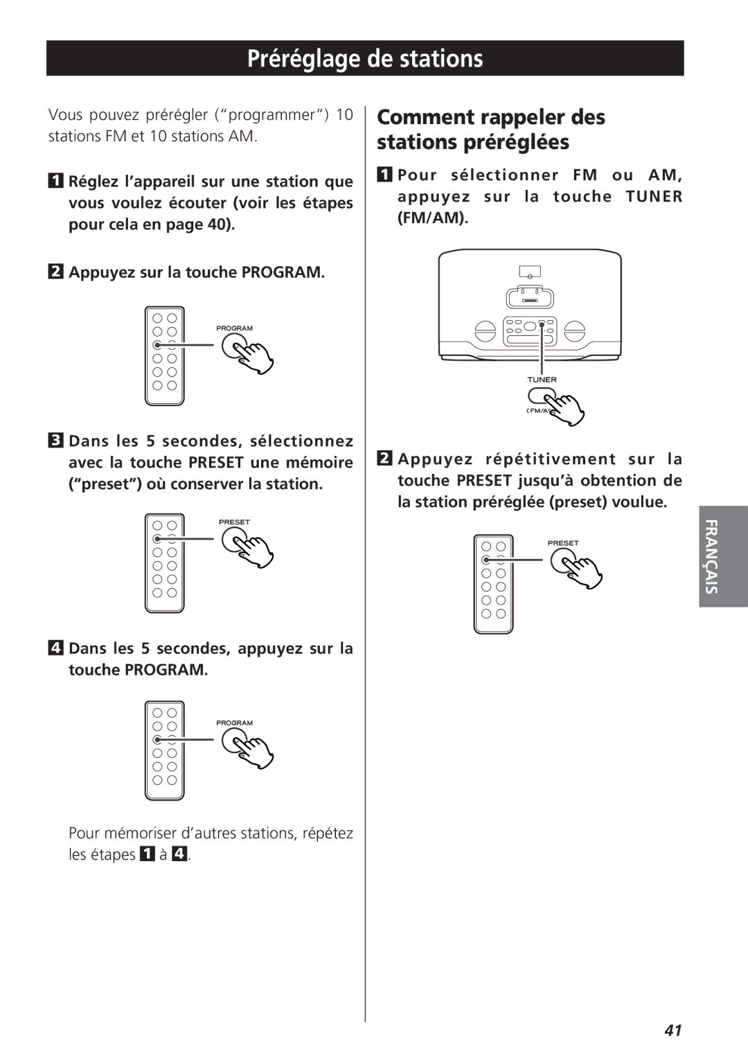 Teac GR-7i owner manual Préréglage de stations, Comment rappeler des stations préréglées 