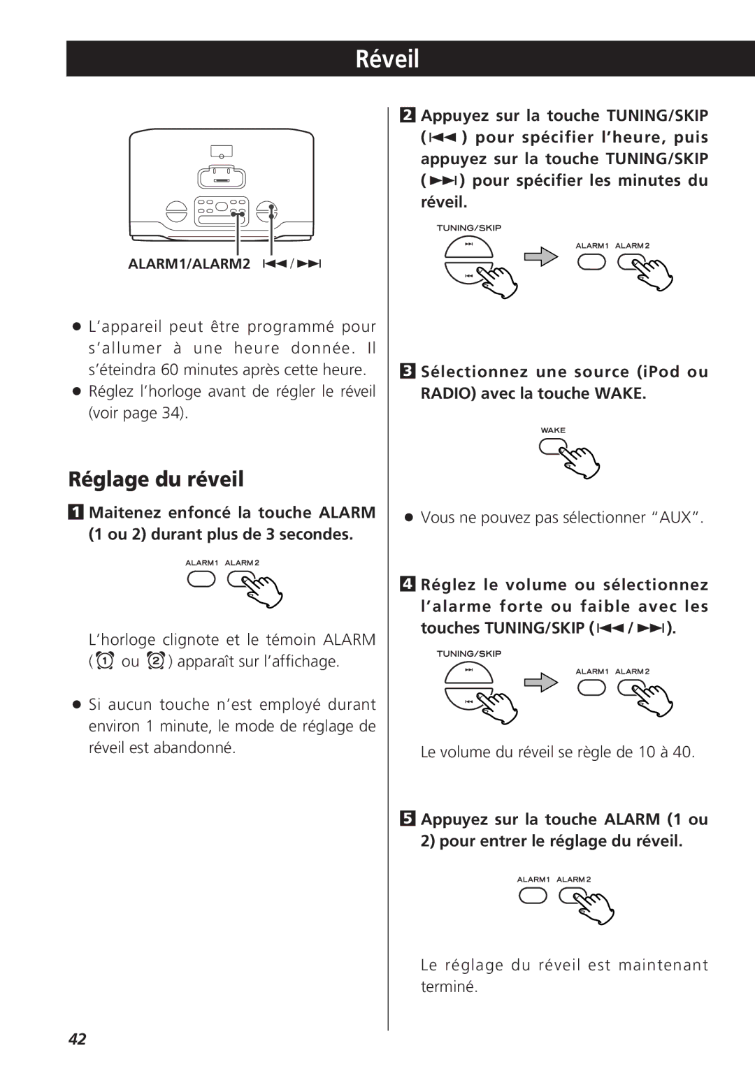 Teac GR-7i owner manual Réveil, Réglage du réveil 