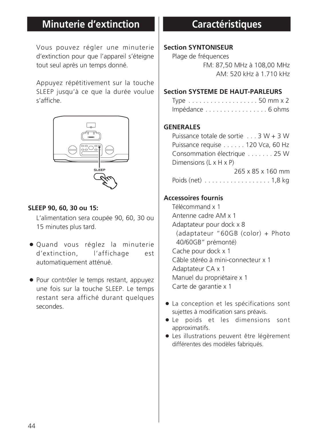 Teac GR-7i owner manual Minuterie d’extinction, Caractéristiques 