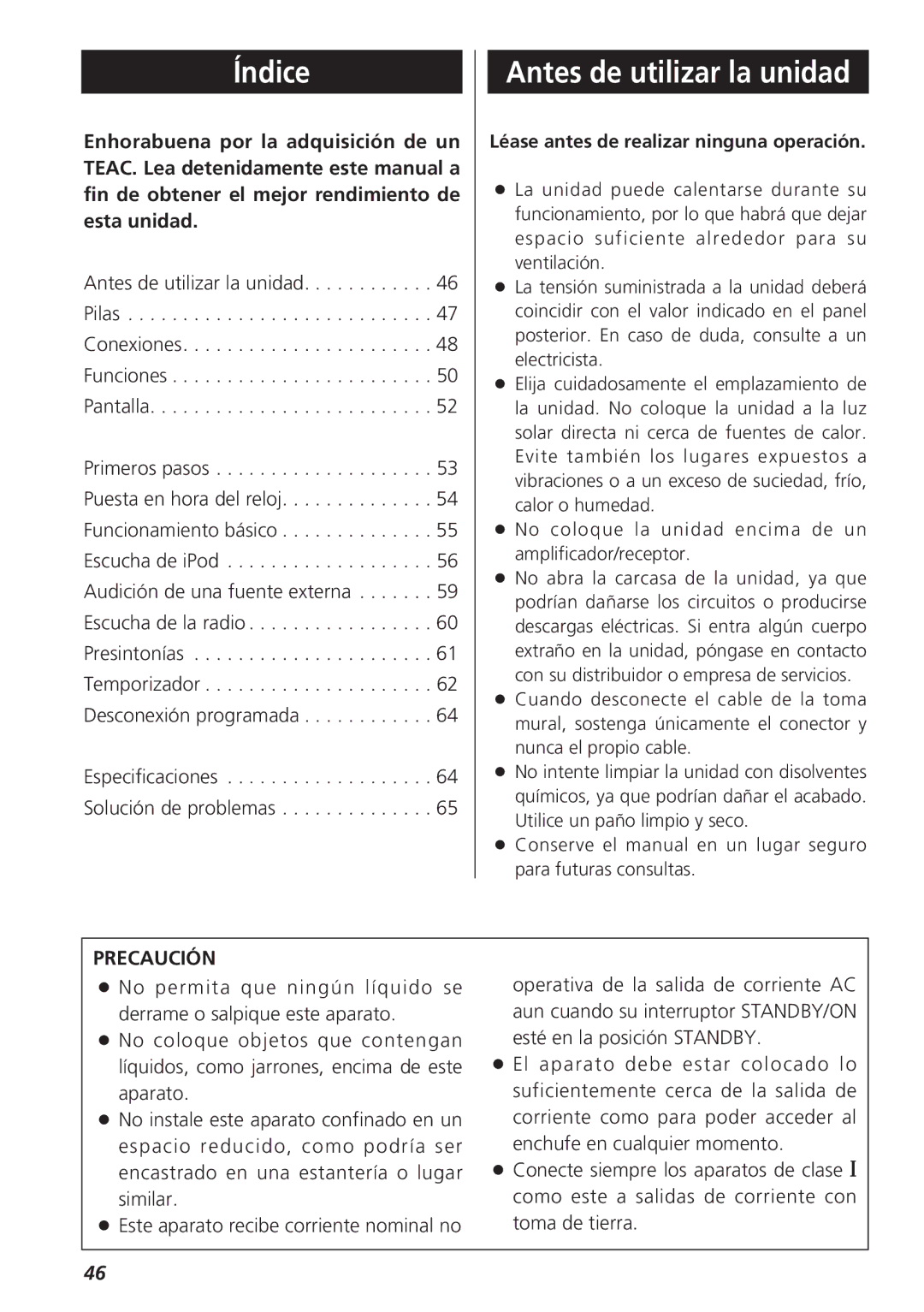 Teac GR-7i owner manual Índice, Antes de utilizar la unidad 