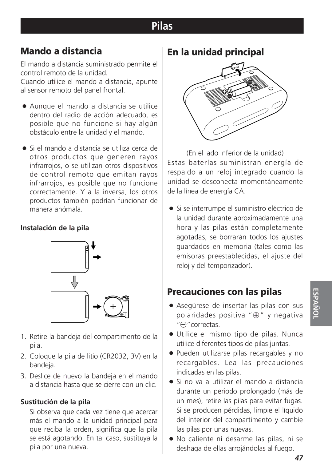 Teac GR-7i owner manual Pilas, Mando a distancia, En la unidad principal, Precauciones con las pilas 