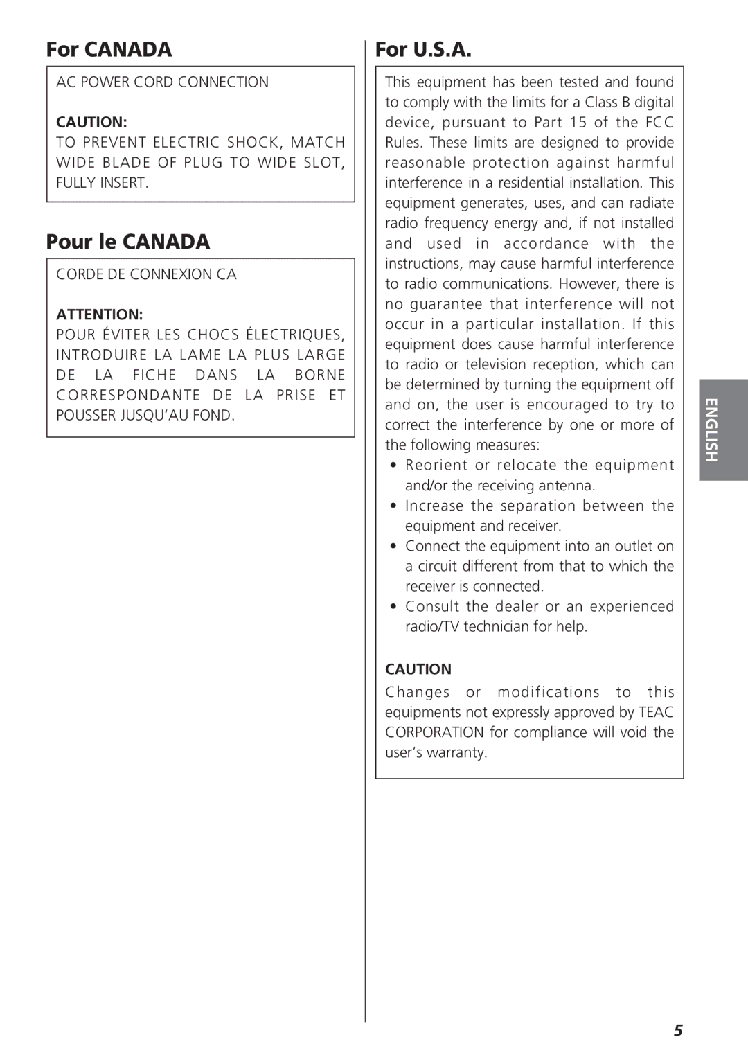 Teac GR-7i owner manual For Canada, Pour le Canada, For U.S.A 