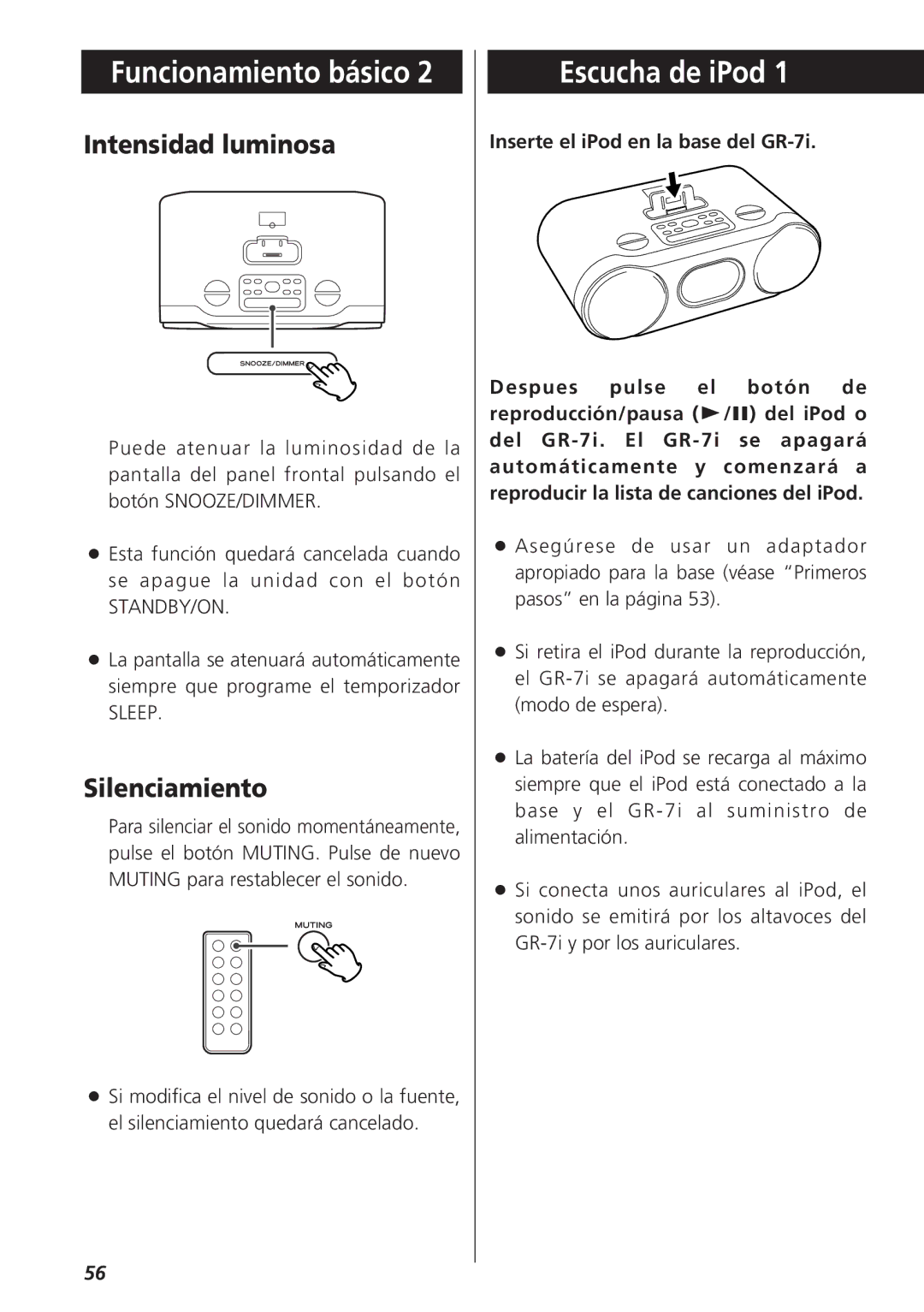 Teac GR-7i owner manual Escucha de iPod, Intensidad luminosa, Silenciamiento 