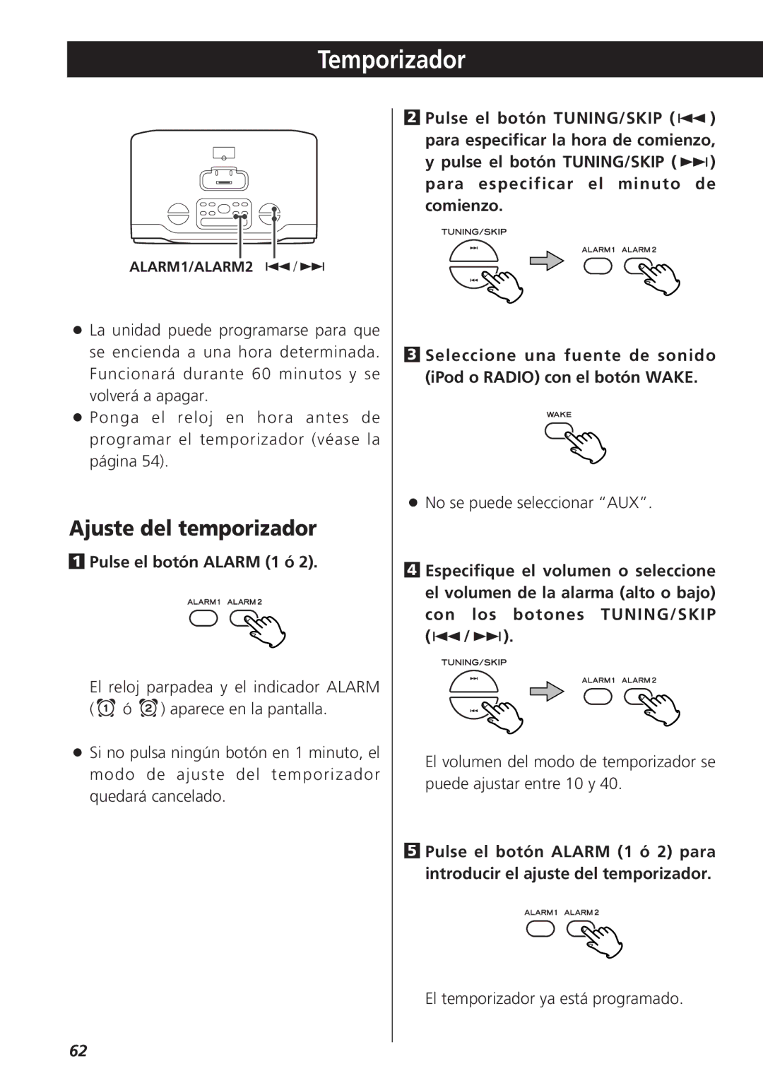 Teac GR-7i owner manual Temporizador, Ajuste del temporizador, Pulse el botón Alarm 1 ó 