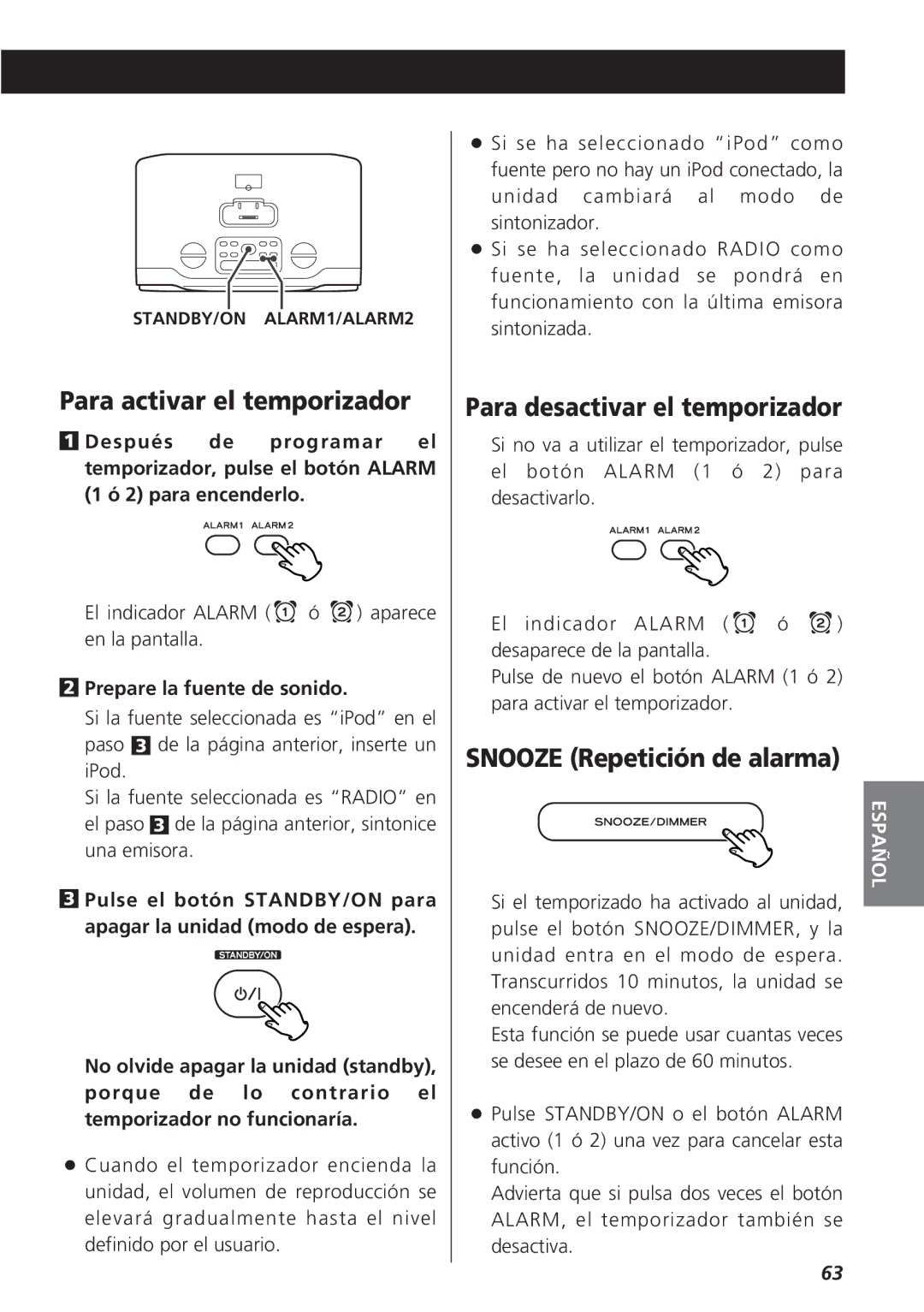 Teac GR-7i owner manual Para activar el temporizador, Para desactivar el temporizador, Snooze Repetición de alarma 