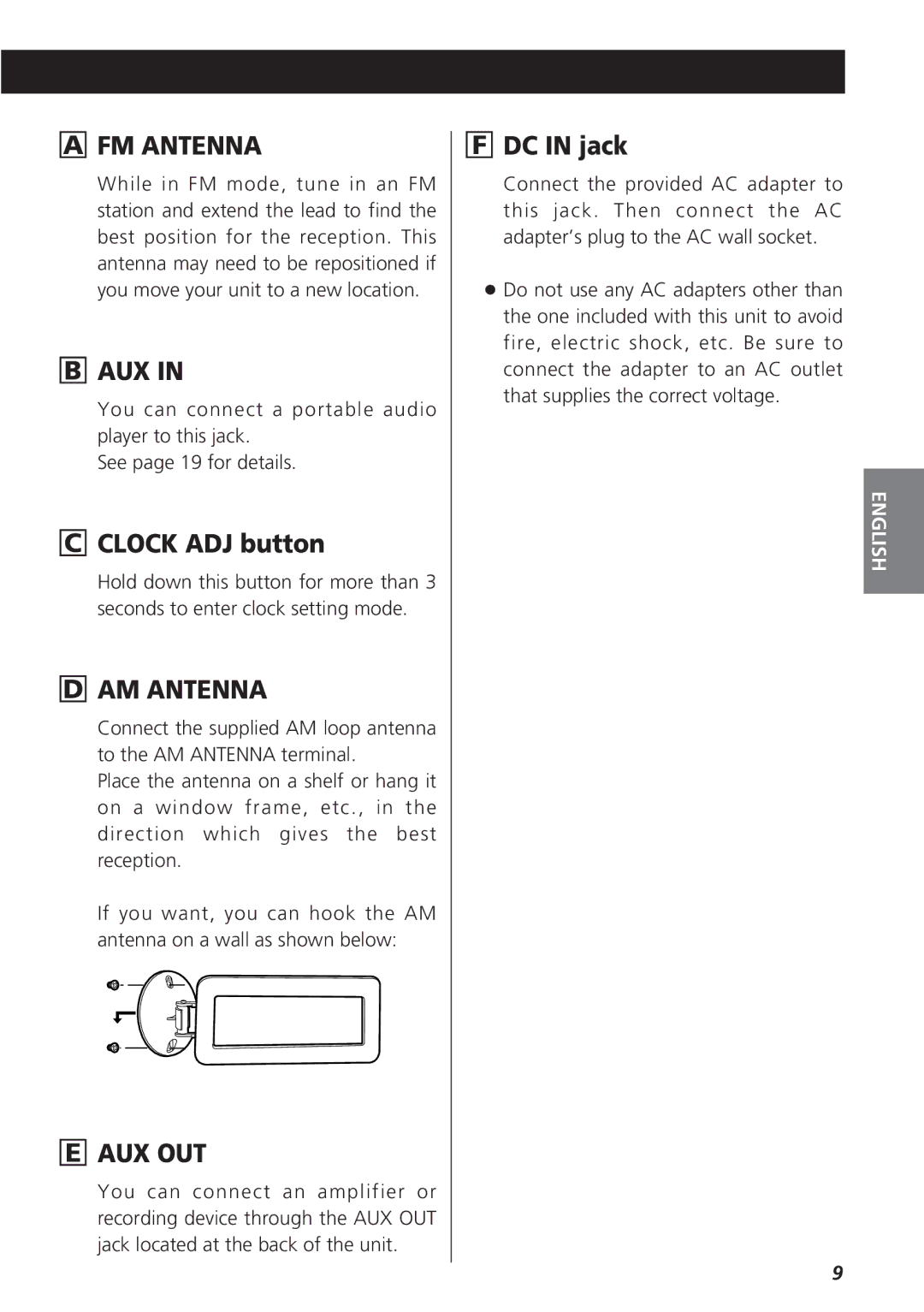 Teac GR-7i owner manual Clock ADJ button, DC in jack 