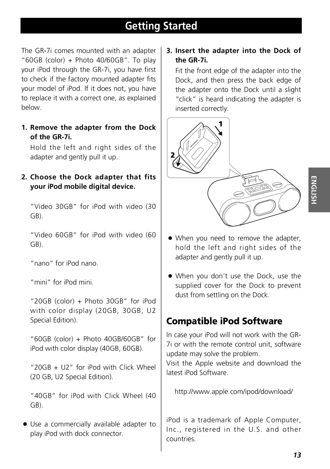 Teac GR-7i owner manual Getting Started, Compatible iPod Software 