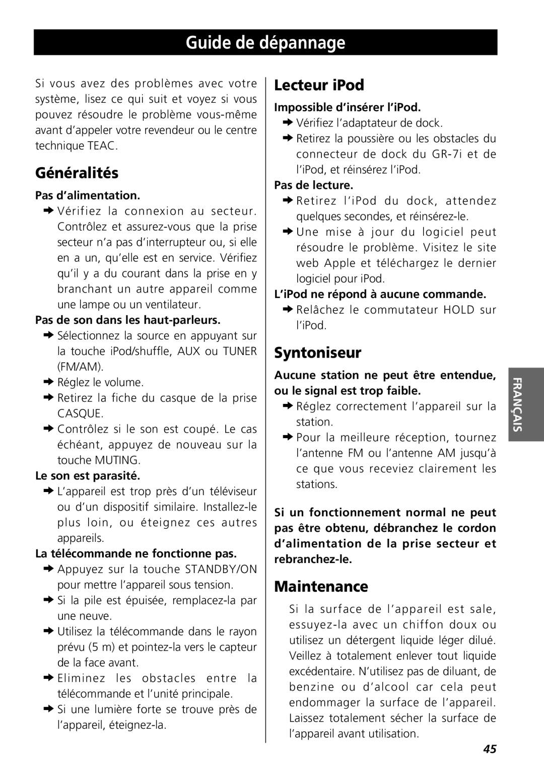 Teac GR-7i owner manual Guide de dépannage, Généralités, Lecteur iPod, Syntoniseur, Maintenance 