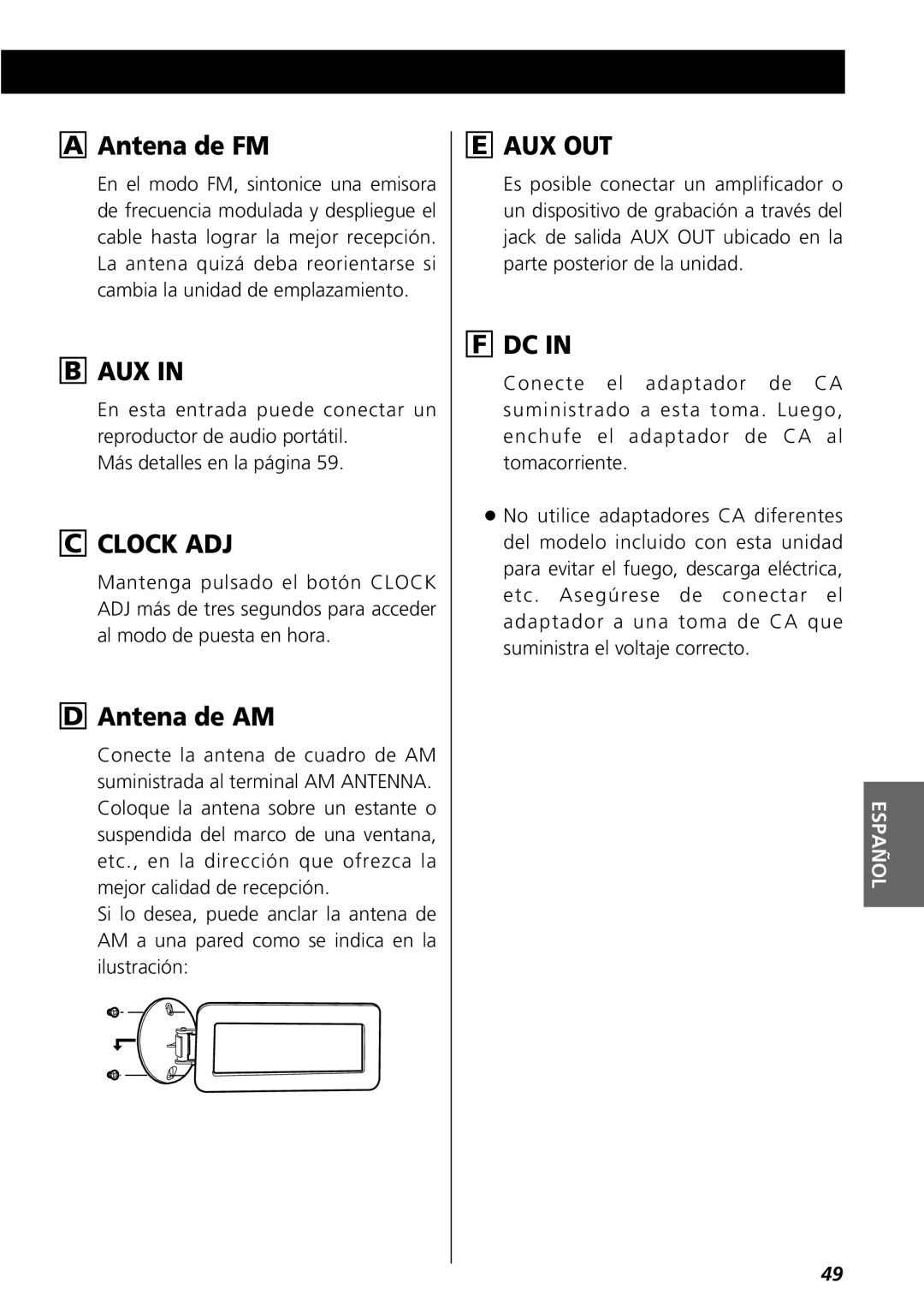 Teac GR-7i owner manual A Antena de FM, C Clock Adj, D Antena de AM, F Dc In, B Aux In, E Aux Out 