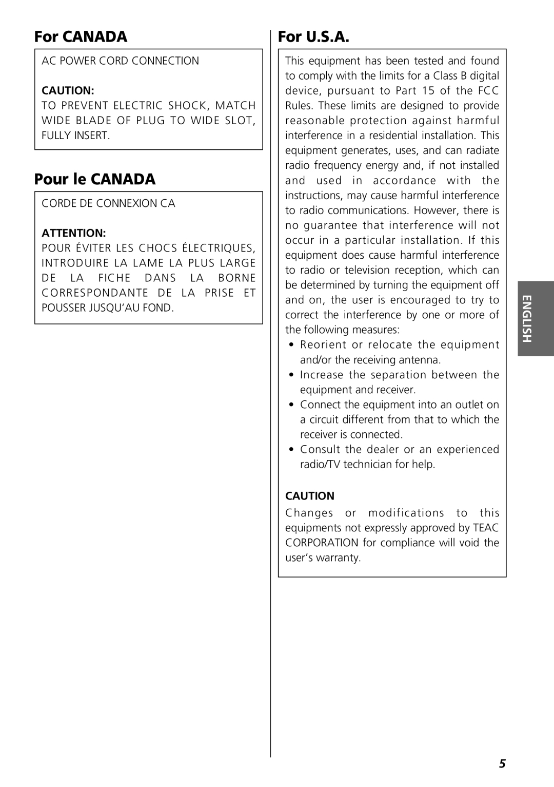 Teac GR-7i owner manual For CANADA, Pour le CANADA, For U.S.A 