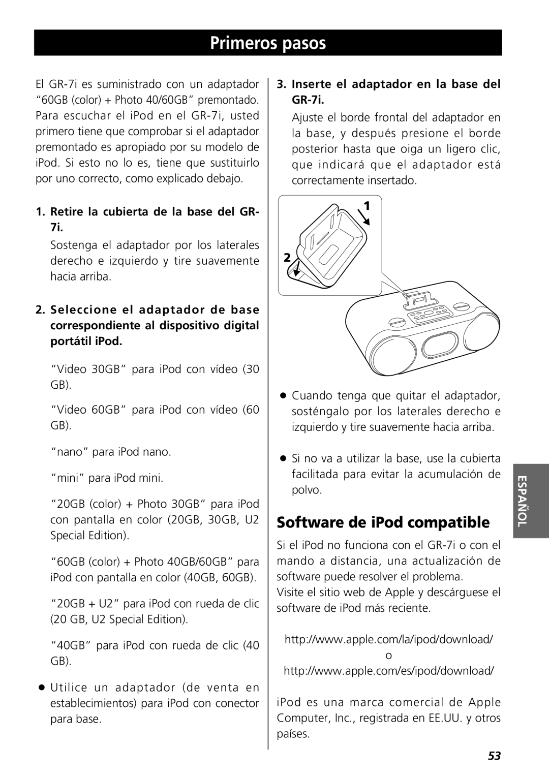 Teac GR-7i owner manual Primeros pasos, Software de iPod compatible 