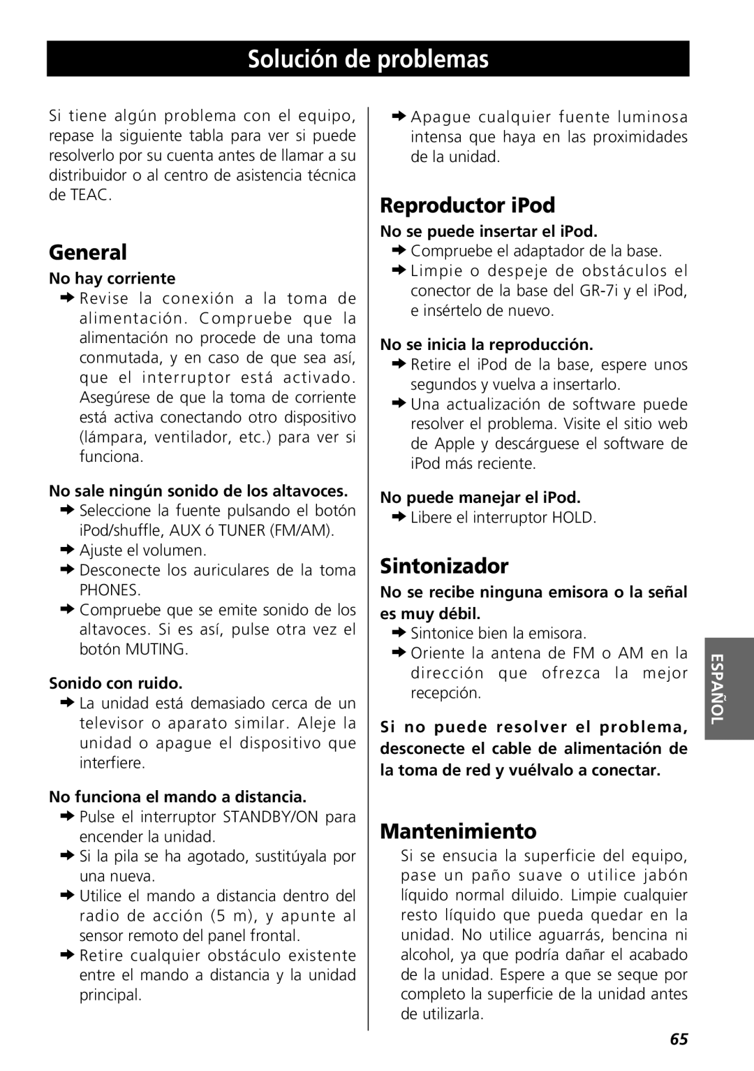 Teac GR-7i owner manual Solución de problemas, Reproductor iPod, Sintonizador, Mantenimiento, General 