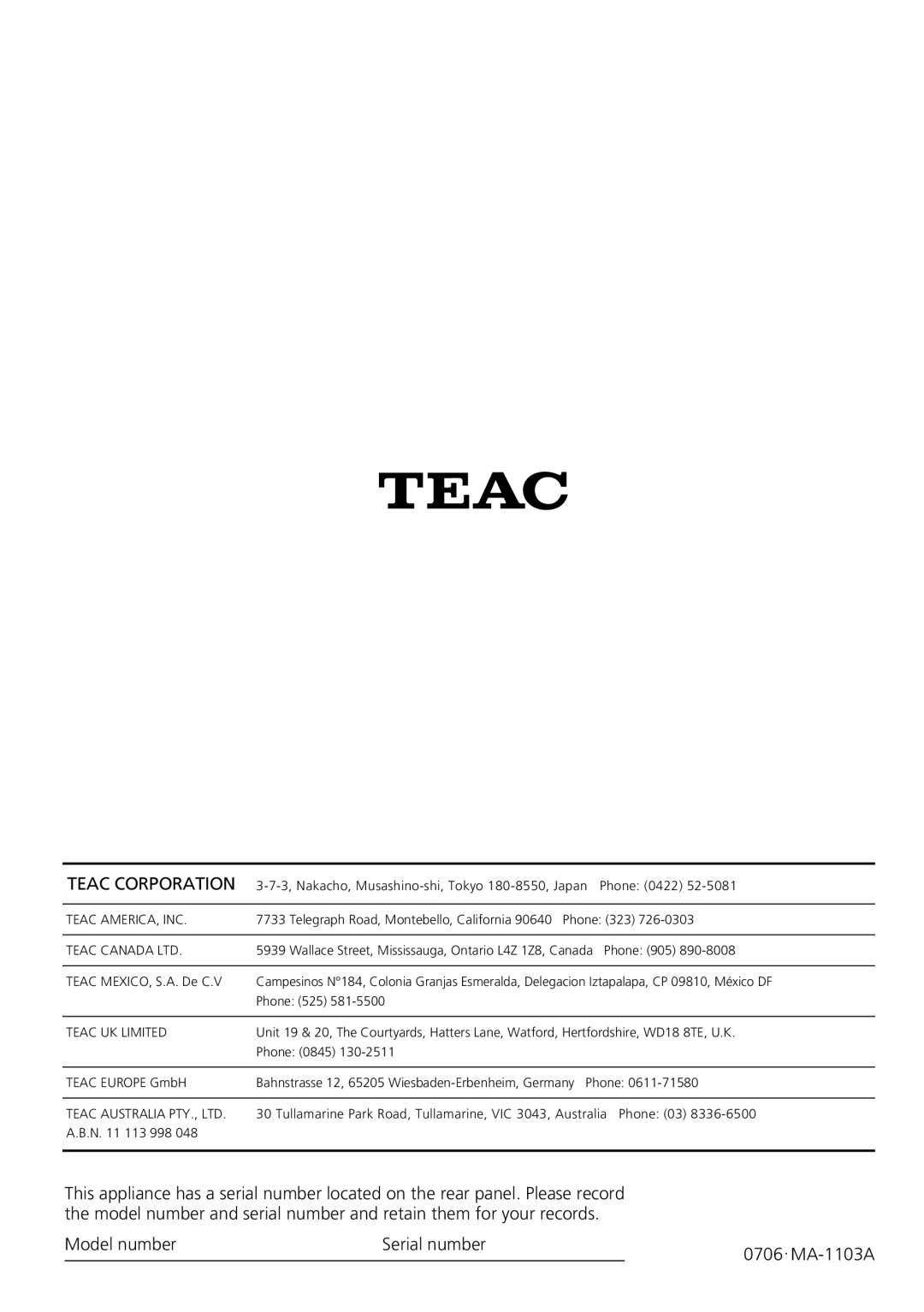 Teac GR-7i owner manual Teac Corporation, Model number, Serial number, MA-1103A 