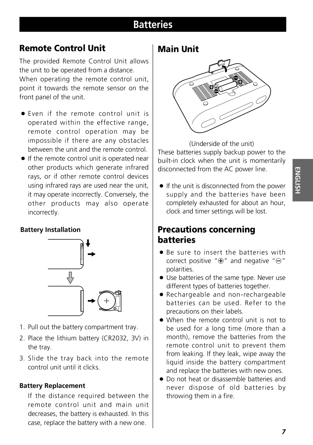 Teac GR-7i owner manual Batteries, Remote Control Unit, Main Unit, Precautions concerning batteries 