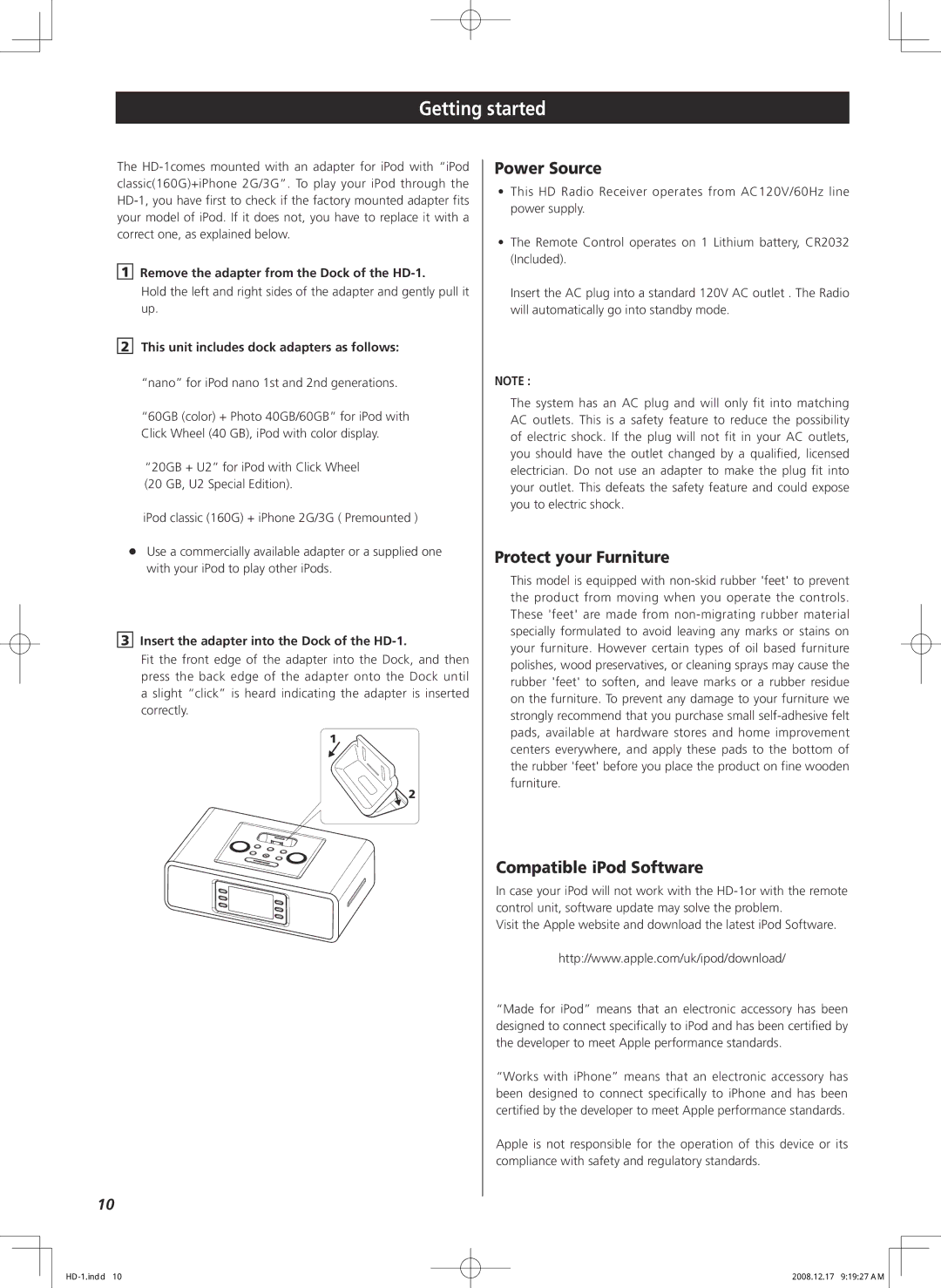 Teac HD-1 owner manual Getting started, Power Source, Protect your Furniture, Compatible iPod Software 