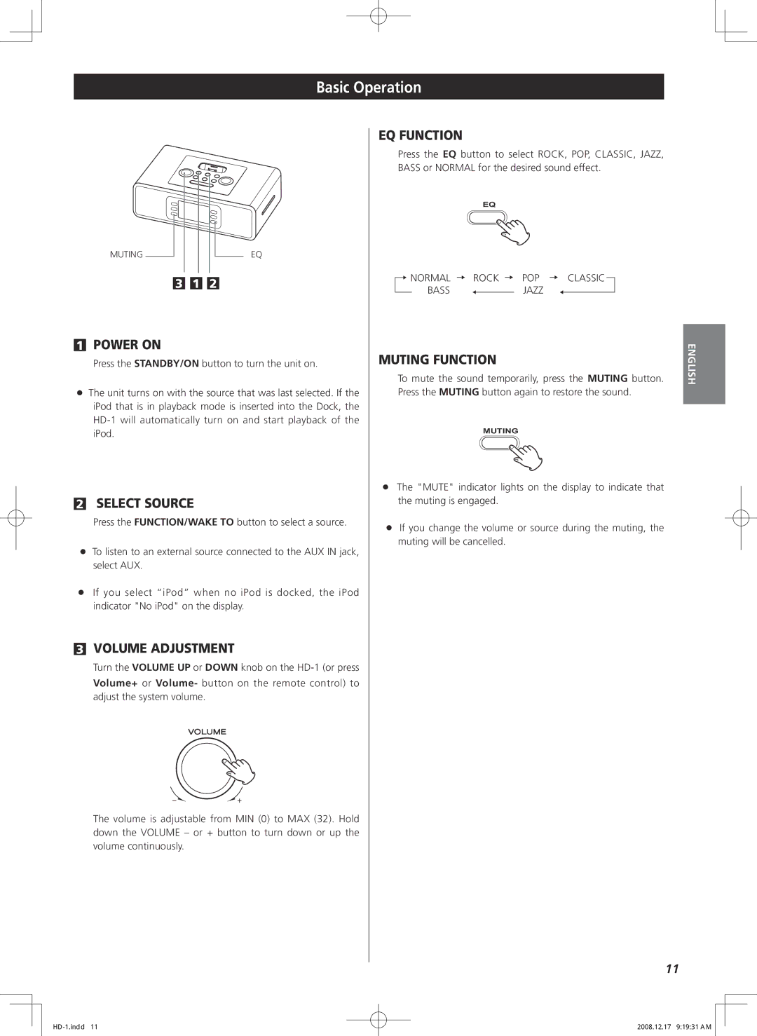 Teac HD-1 owner manual Basic Operation, Power on 