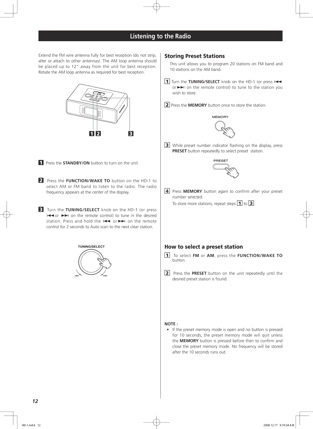 Teac HD-1 owner manual Listening to the Radio, Storing Preset Stations, How to select a preset station 