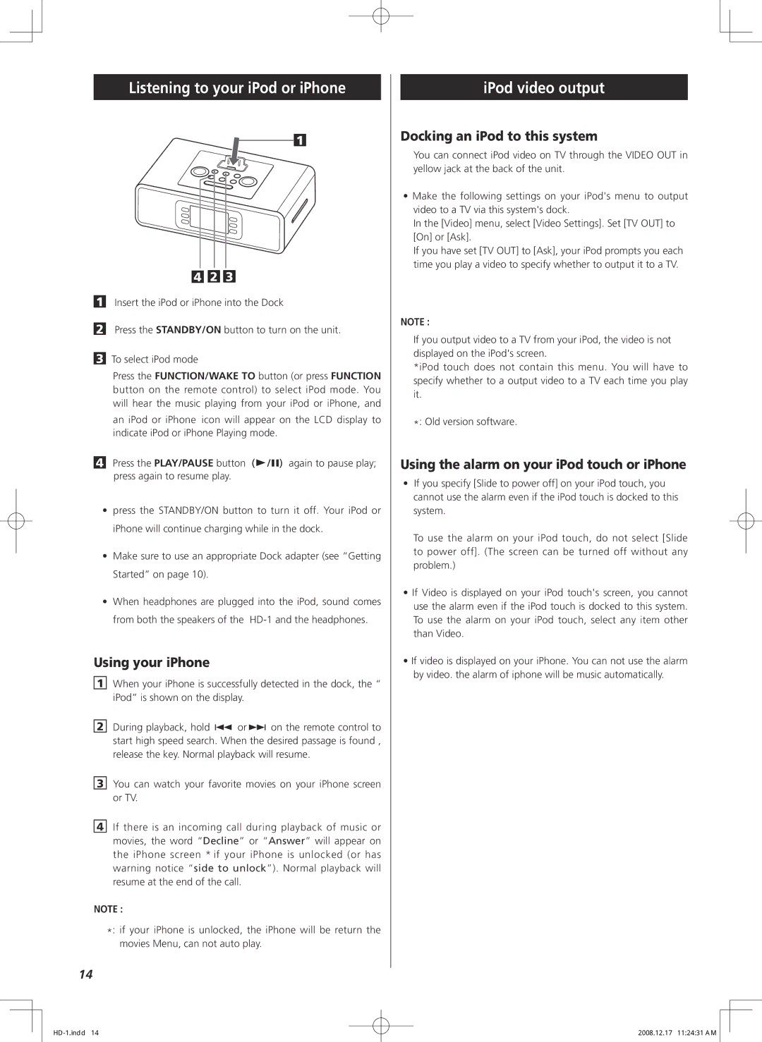 Teac HD-1 Listening to your iPod or iPhone, IPod video output, Using your iPhone, Docking an iPod to this system 
