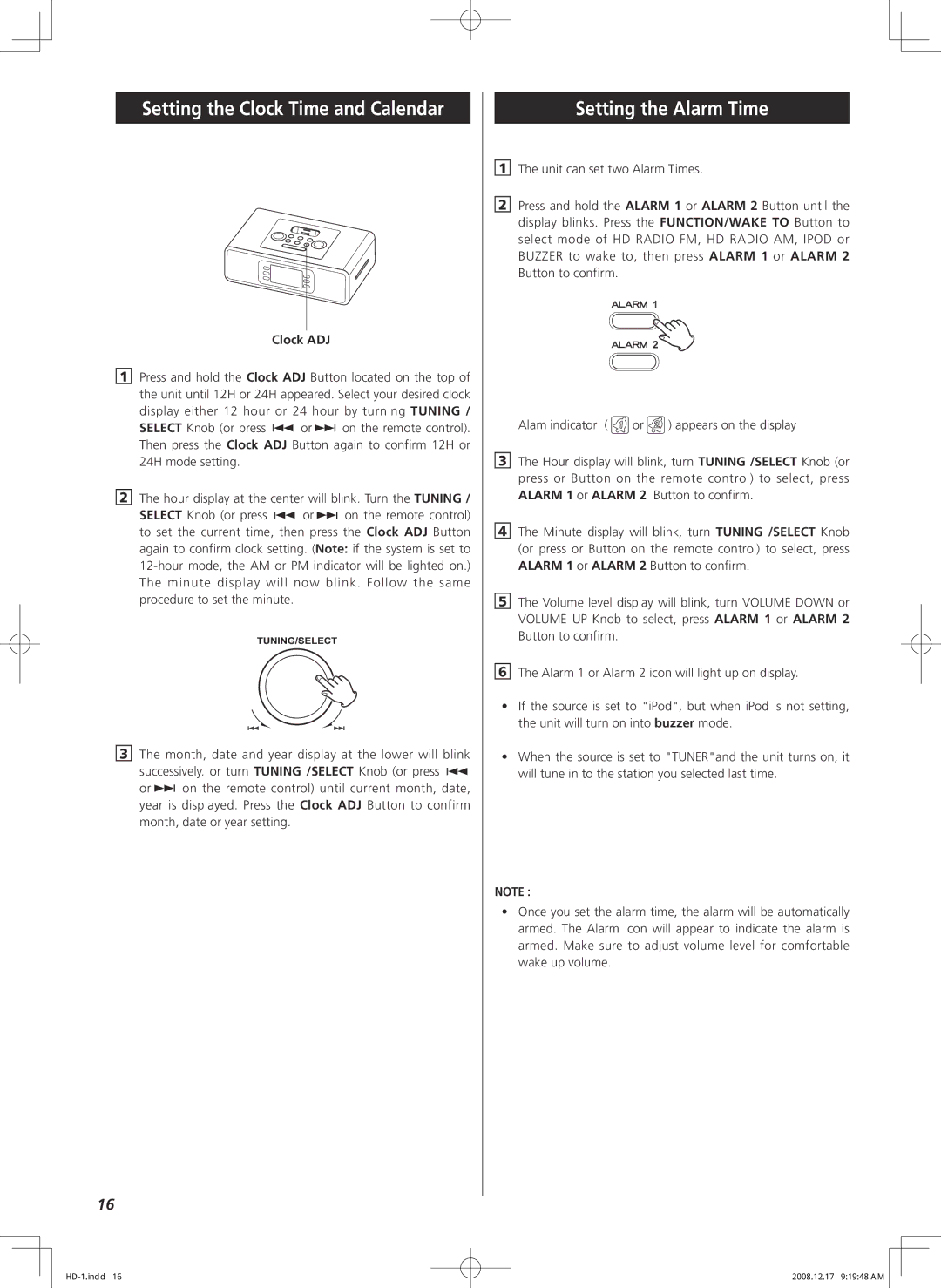 Teac HD-1 owner manual Setting the Alarm Time, Setting the Clock Time and Calendar 