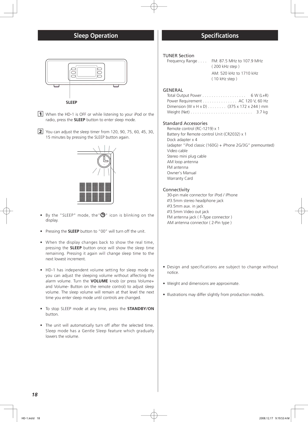 Teac HD-1 owner manual Sleep Operation, Specifications 