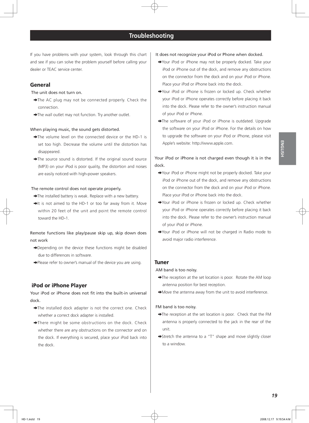 Teac HD-1 owner manual Troubleshooting, General, IPod or iPhone Player, Tuner 