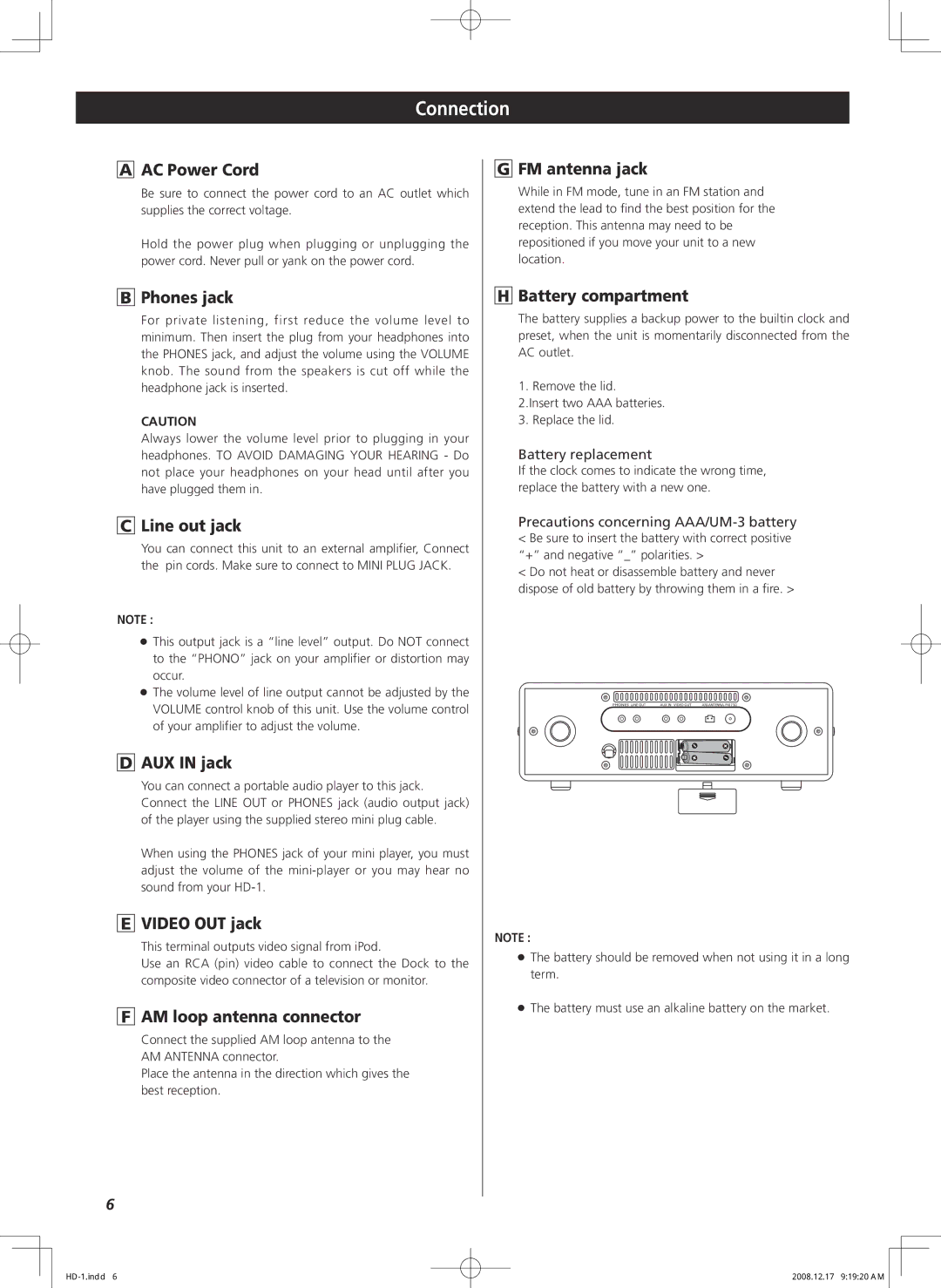 Teac HD-1 owner manual AC Power Cord, Phones jack, Line out jack, AUX in jack, Video OUT jack, AM loop antenna connector 