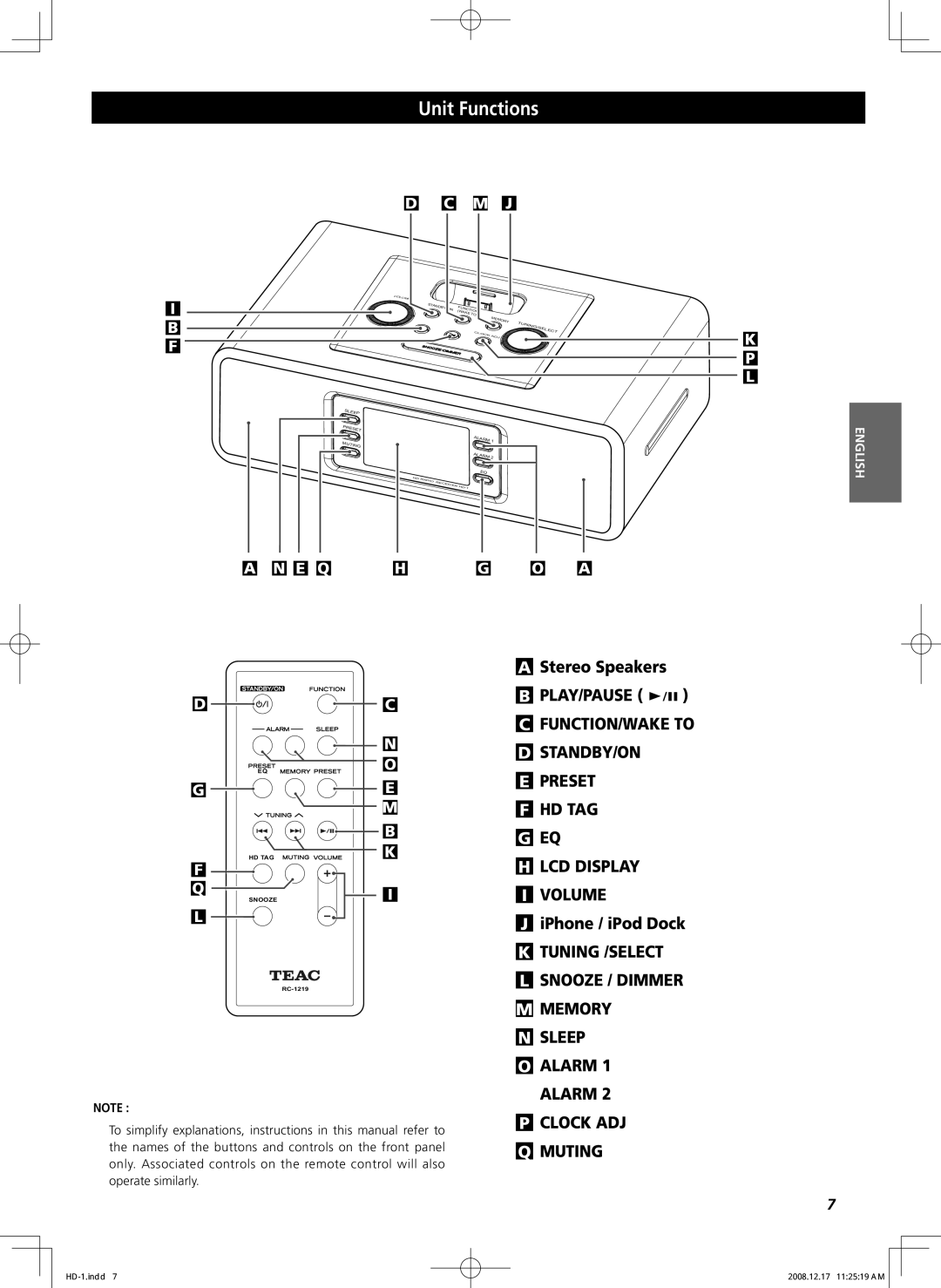 Teac HD-1 owner manual Unit Functions, Stereo Speakers B PLAY/PAUSE y/J, IPhone / iPod Dock 