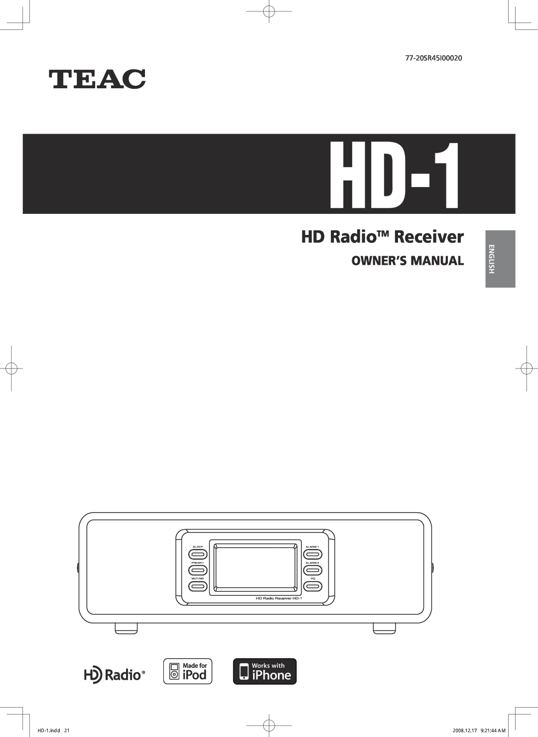 Teac owner manual HD RadioTM Receiver, English, HD-1.indd21, 2008.12.17 9 21 44 AM, HD Radio Receiver HD-1, Sleep 