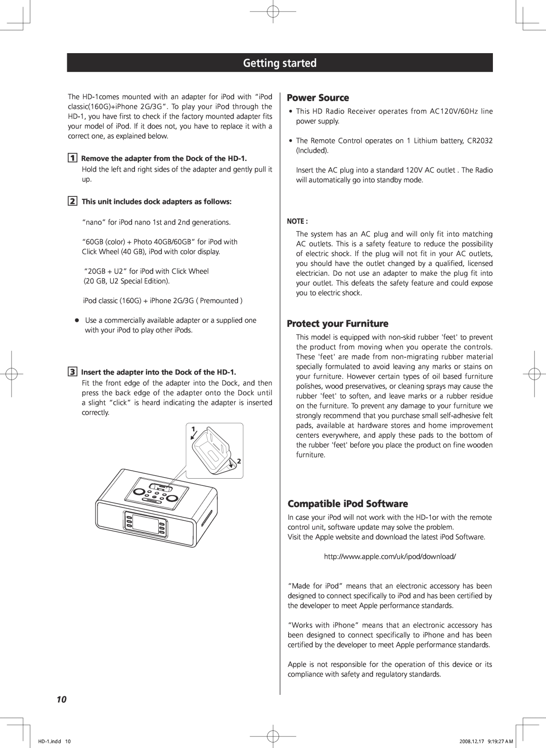 Teac HD-1 owner manual Getting started, Power Source, Protect your Furniture, Compatible iPod Software 