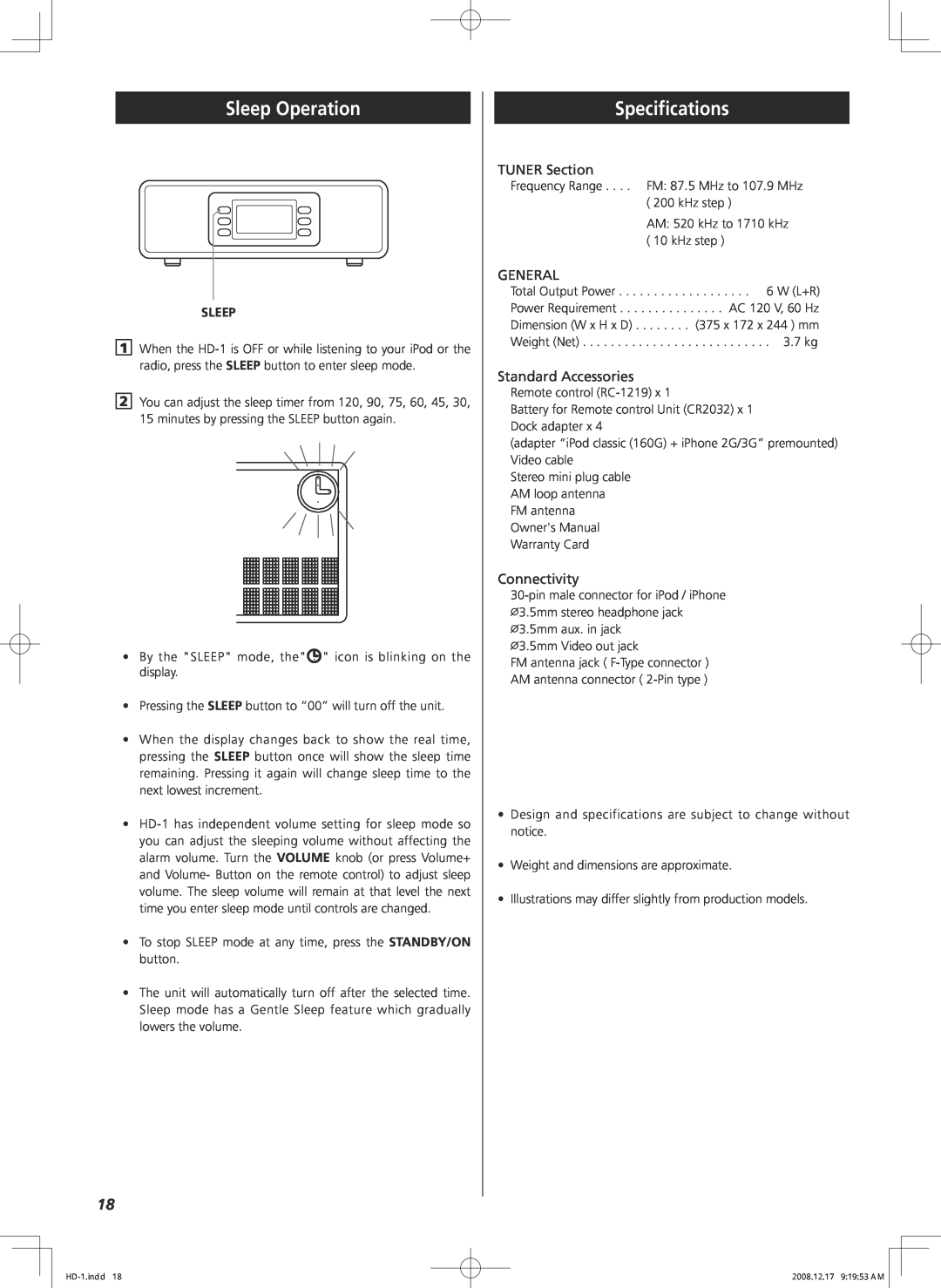 Teac HD-1 owner manual Sleep Operation, Specifications, TUNER Section, General, Standard Accessories, Connectivity 