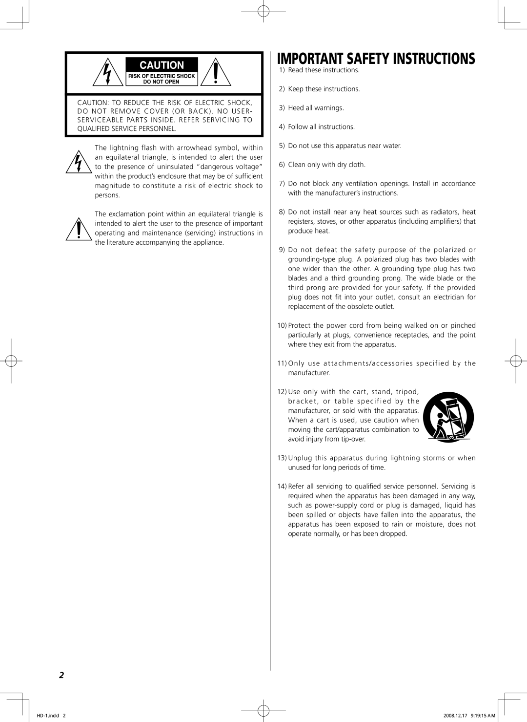 Teac HD-1 owner manual Important Safety Instructions 
