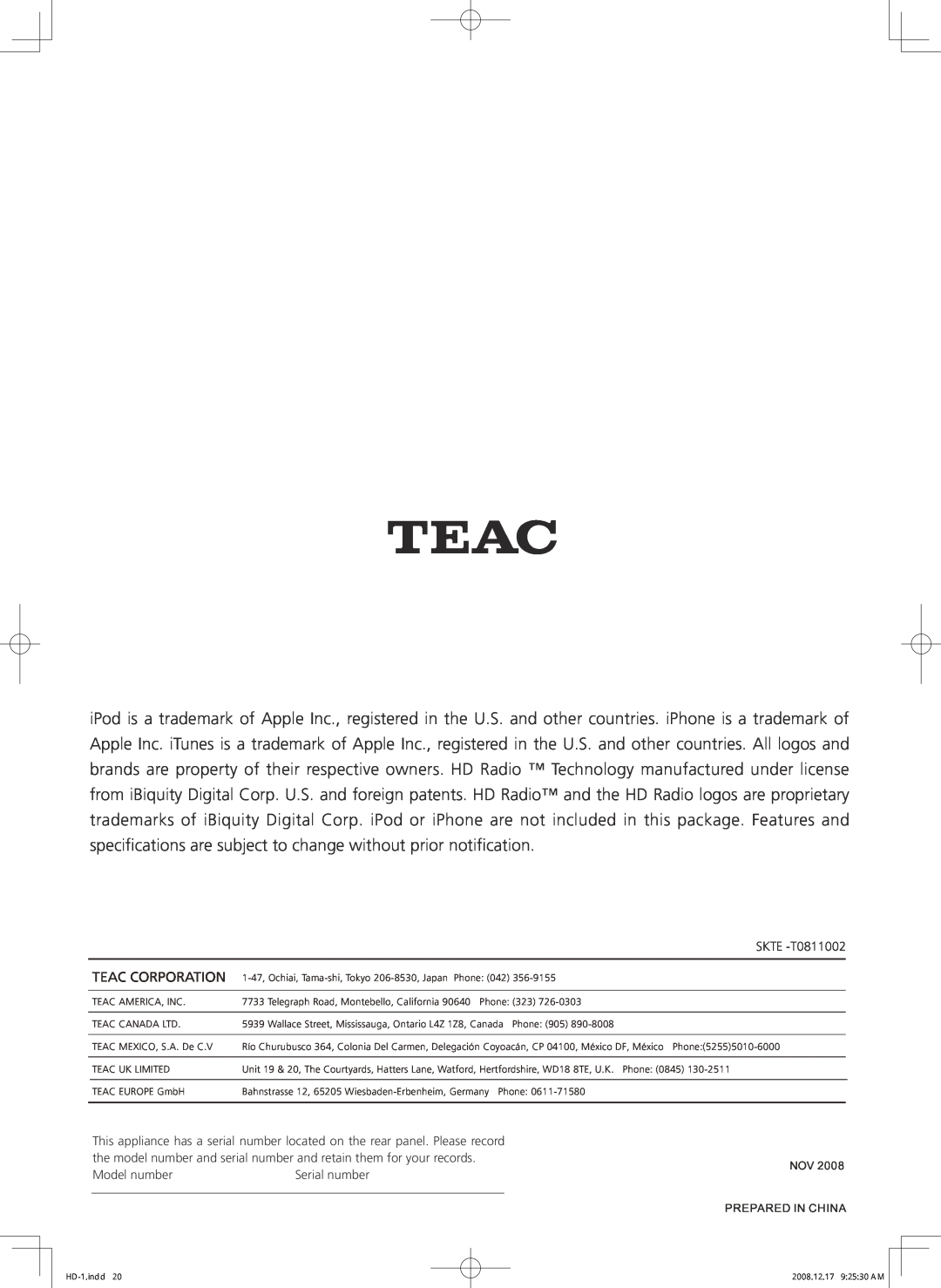 Teac HD-1 owner manual Teac Corporation 