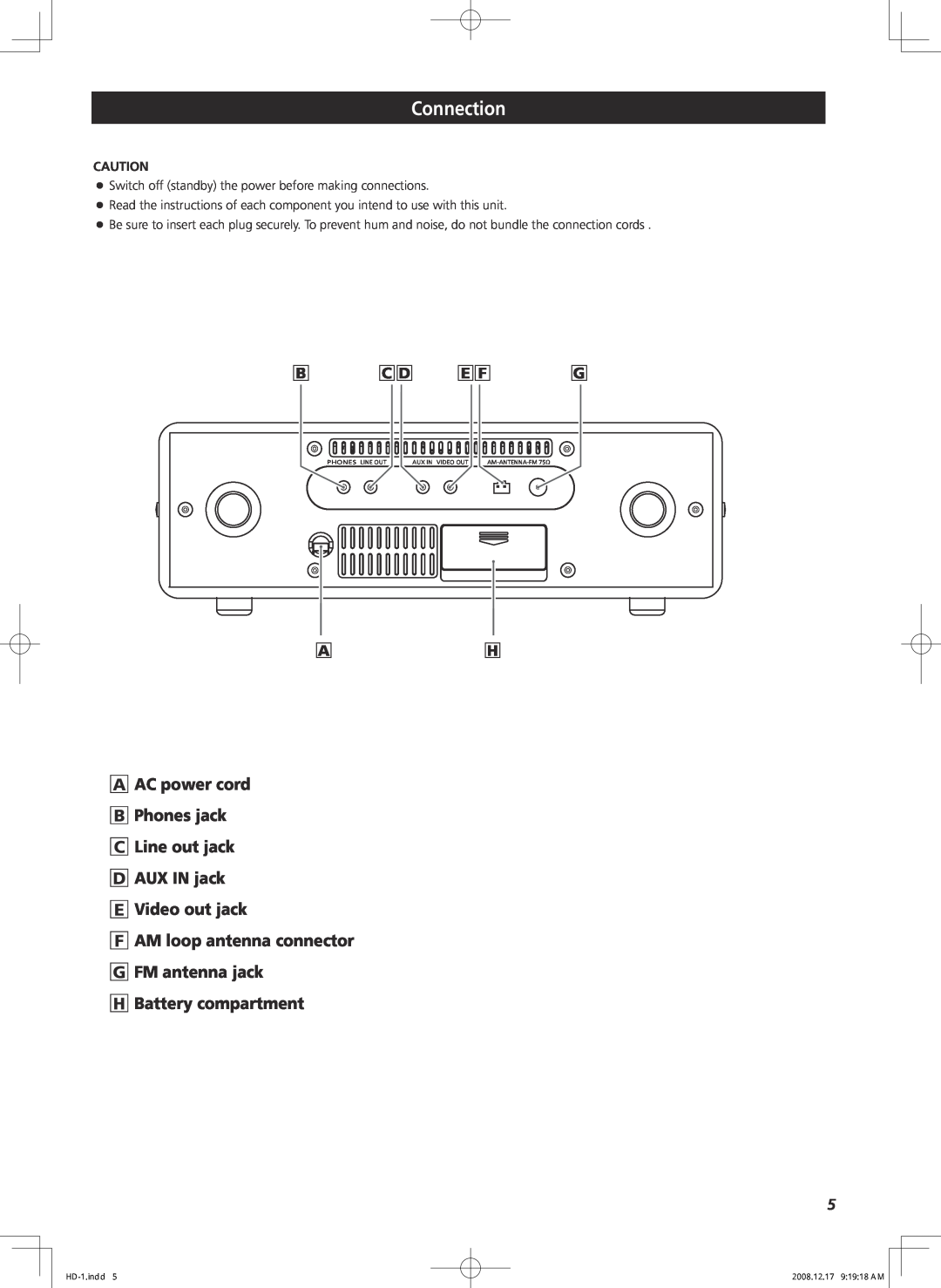 Teac HD-1 owner manual Connection, F AM loop antenna connector G FM antenna jack, H Battery compartment 
