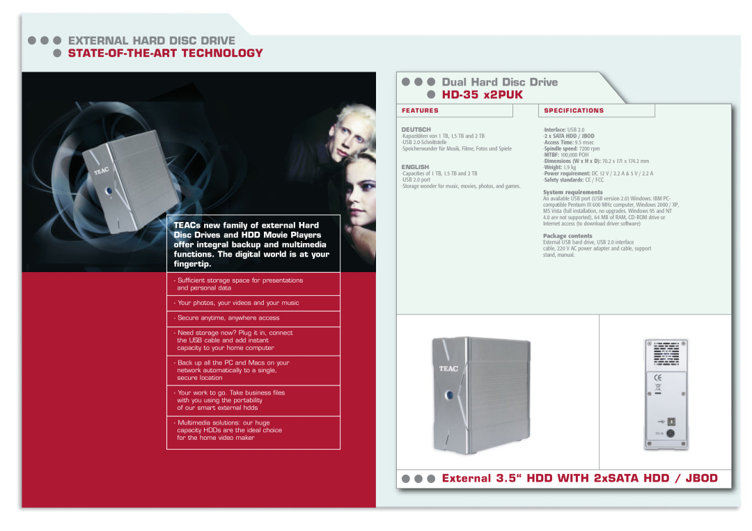 Teac HD-35 NAS+ manual External Hard Disc Drive, State-Of-The-Art Technology, Dual Hard Disc Drive, HD-35 x2PUK, Features 