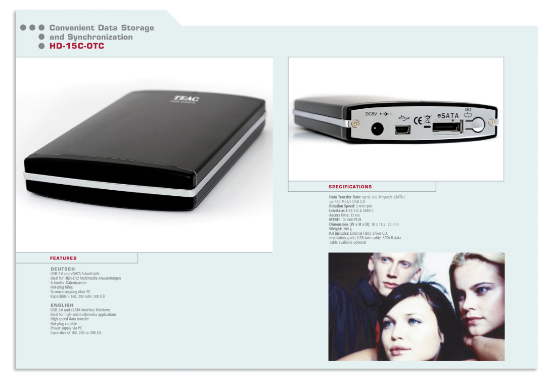Teac HD-35 CRM manual Convenient Data Storage and Synchronization, HD-15C-OTC, Features, Deutsch, English, Specifications 