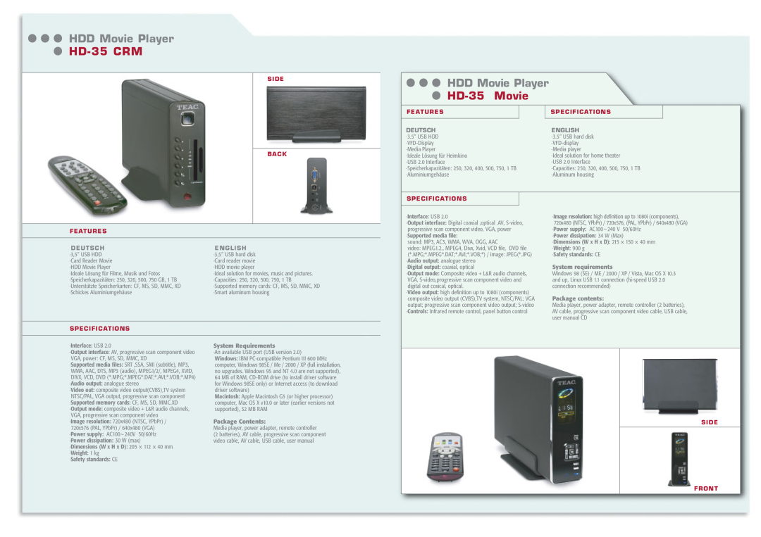 Teac HD-35 X2PUK HDD Movie Player, HD-35 CRM, HD-35 Movie, Side Back, System Requirements, Package Contents, Side Front 