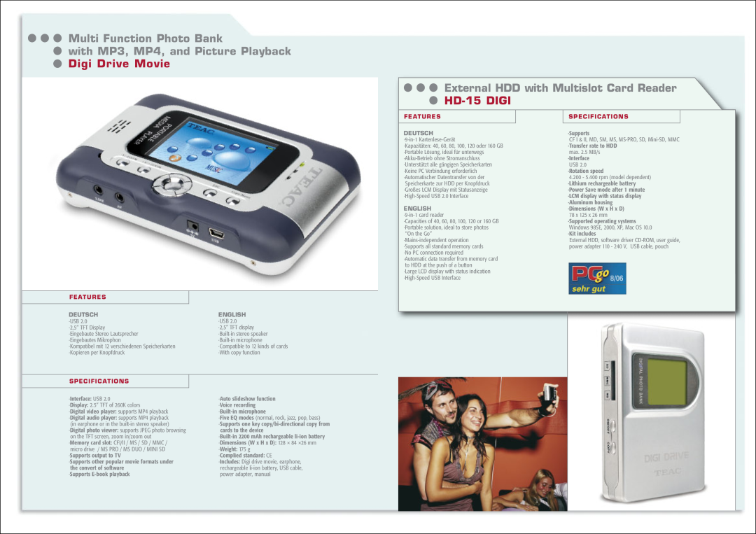 Teac HD-35 CRU-2X Multi Function Photo Bank, with MP3, MP4, and Picture Playback Digi Drive Movie, HD-15 DIGI, Features 
