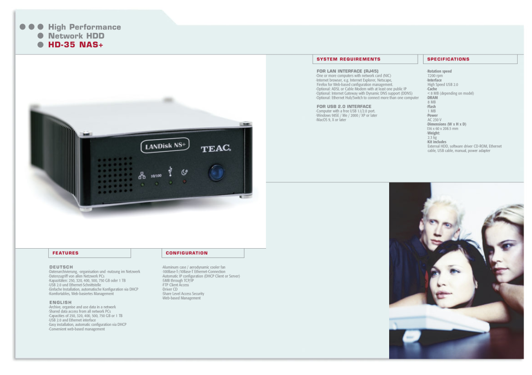 Teac HD-15 DIGI manual High Performance Network HDD, HD-35 NAS+, System Requirements, FOR LAN INTERFACE RJ45, Configuration 