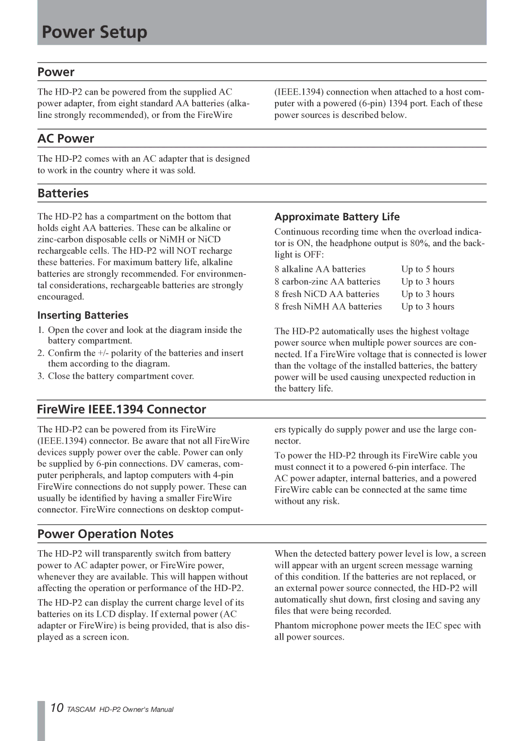 Teac HD-P2 owner manual Power Setup 