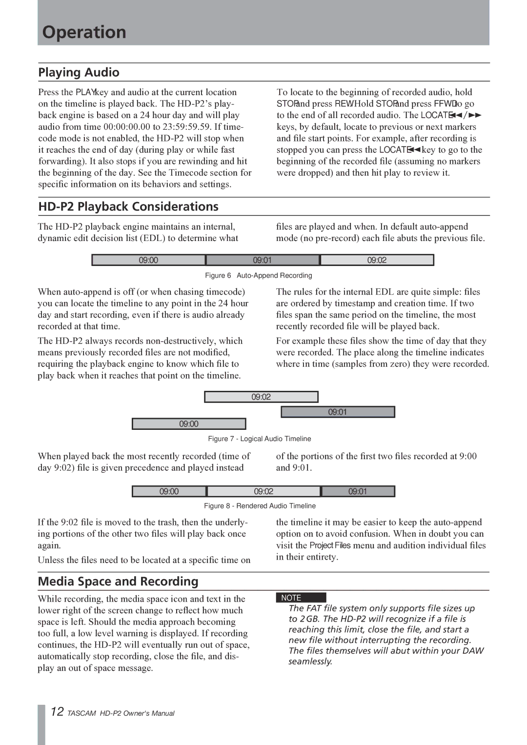 Teac owner manual Playing Audio, HD-P2 Playback Considerations, Media Space and Recording 