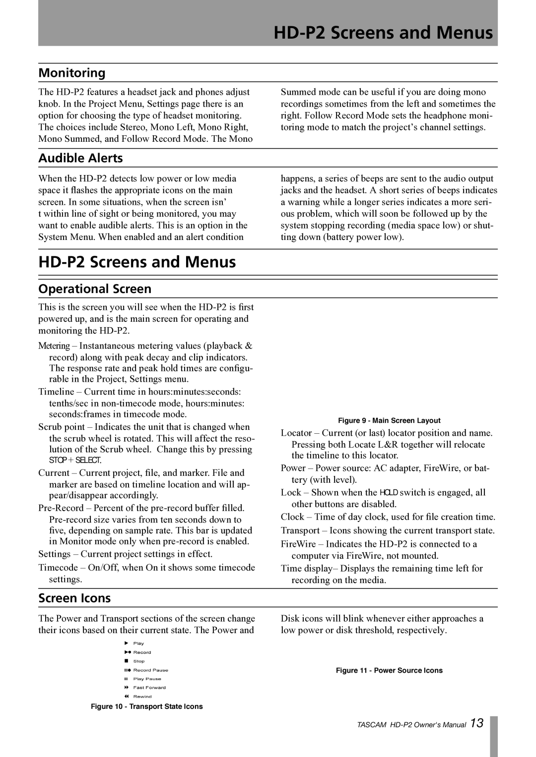 Teac owner manual HD-P2 Screens and Menus, Monitoring, Audible Alerts, Operational Screen, Screen Icons 