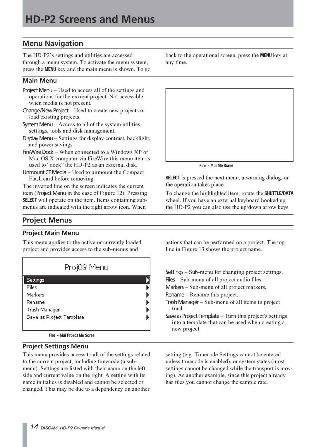 Teac HD-P2 owner manual Menu Navigation, Project Menus, Project Main Menu, Project Settings Menu 