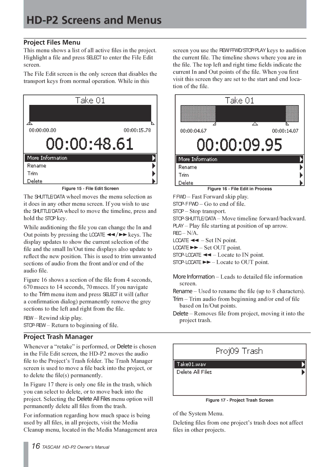 Teac HD-P2 owner manual Project Files Menu, Project Trash Manager 