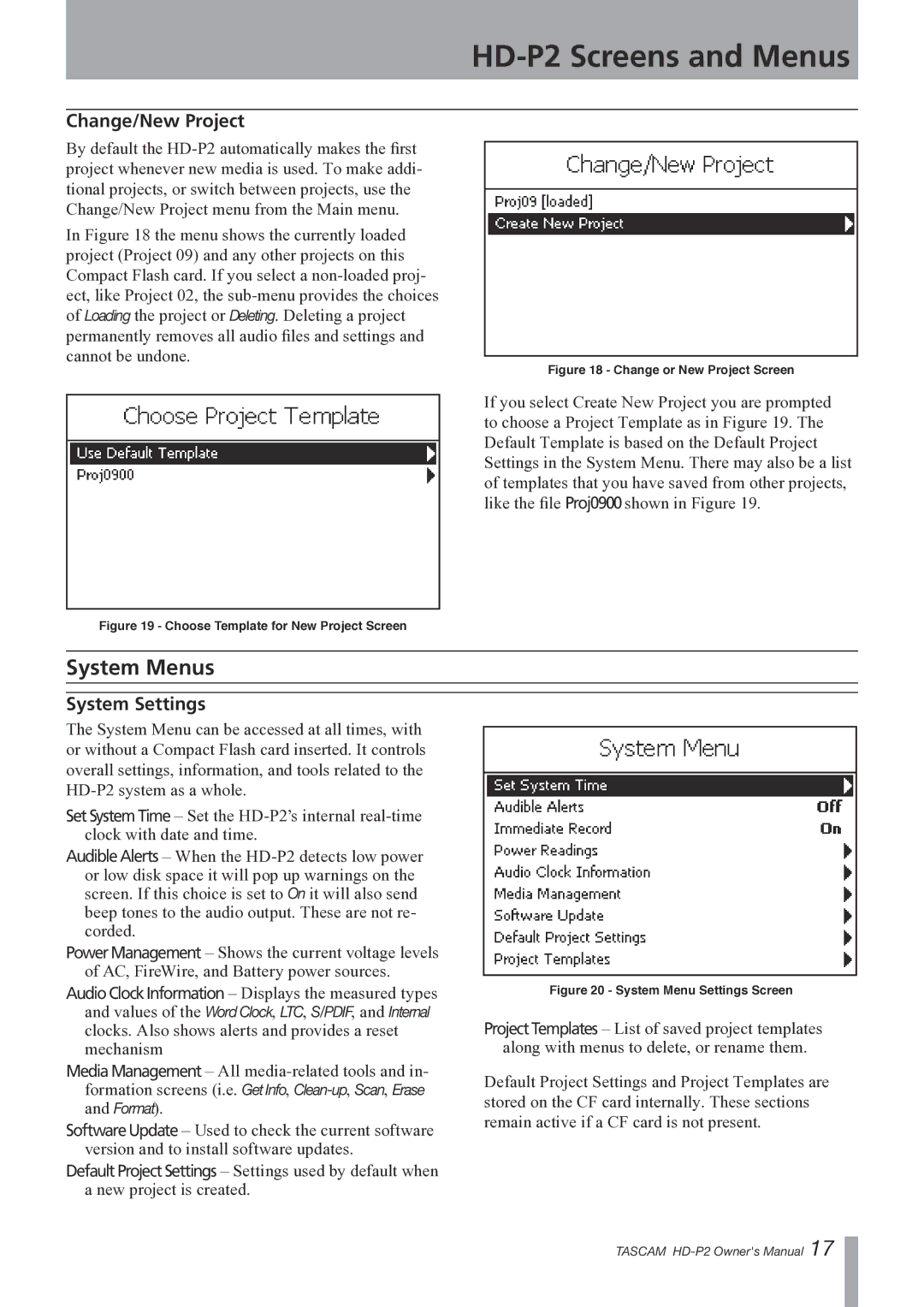 Teac HD-P2 owner manual System Menus, Change/New Project, System Settings 