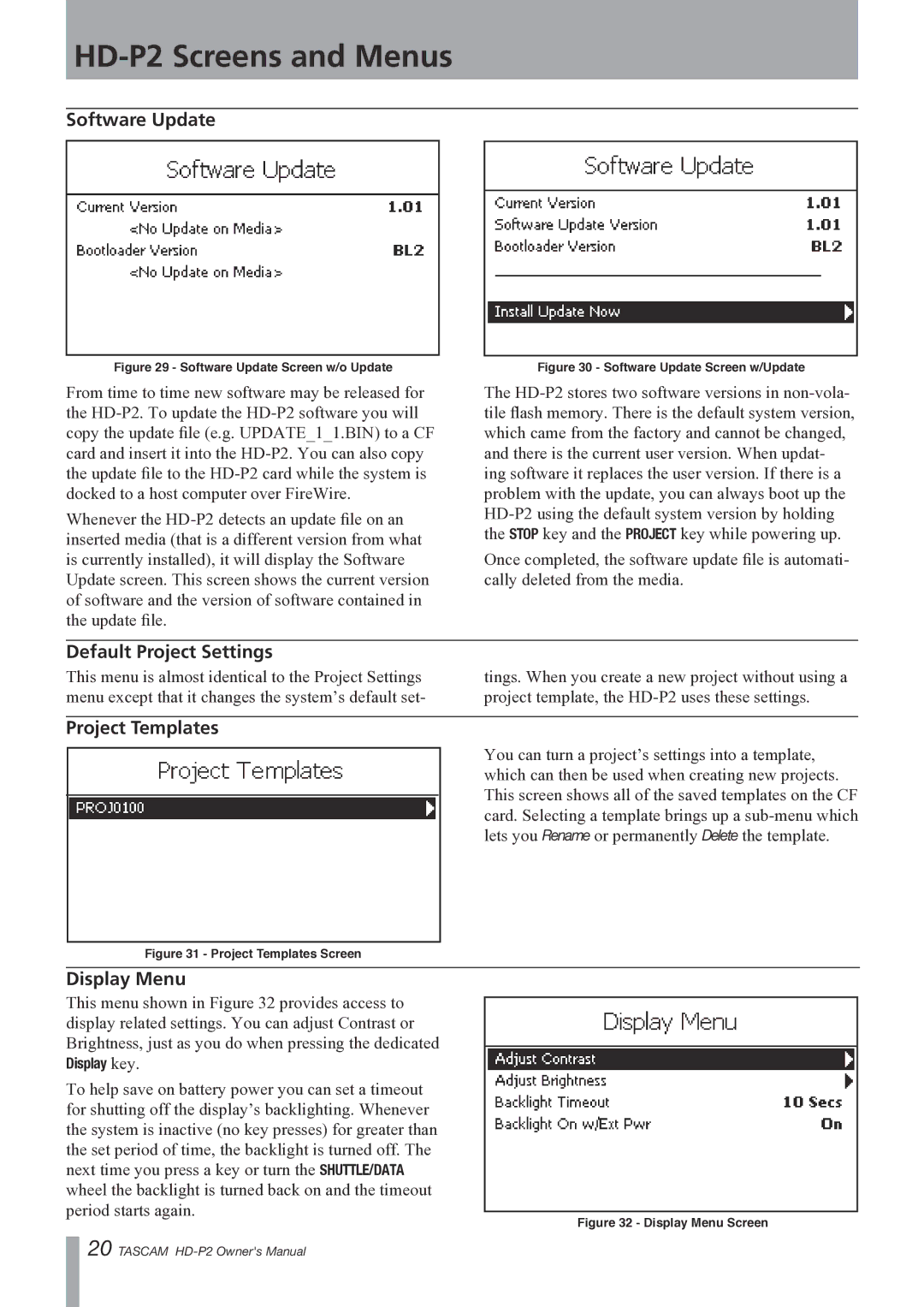 Teac HD-P2 owner manual Software Update, Default Project Settings, Project Templates, Display Menu 