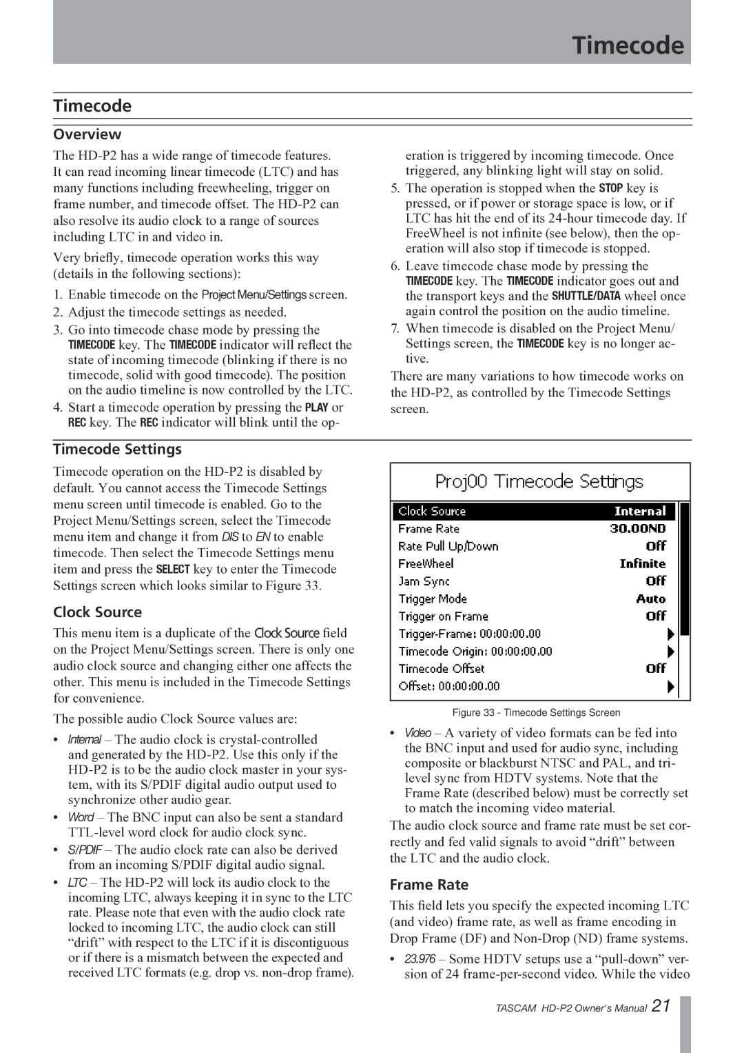 Teac HD-P2 owner manual Overview, Timecode Settings, Clock Source, Frame Rate 